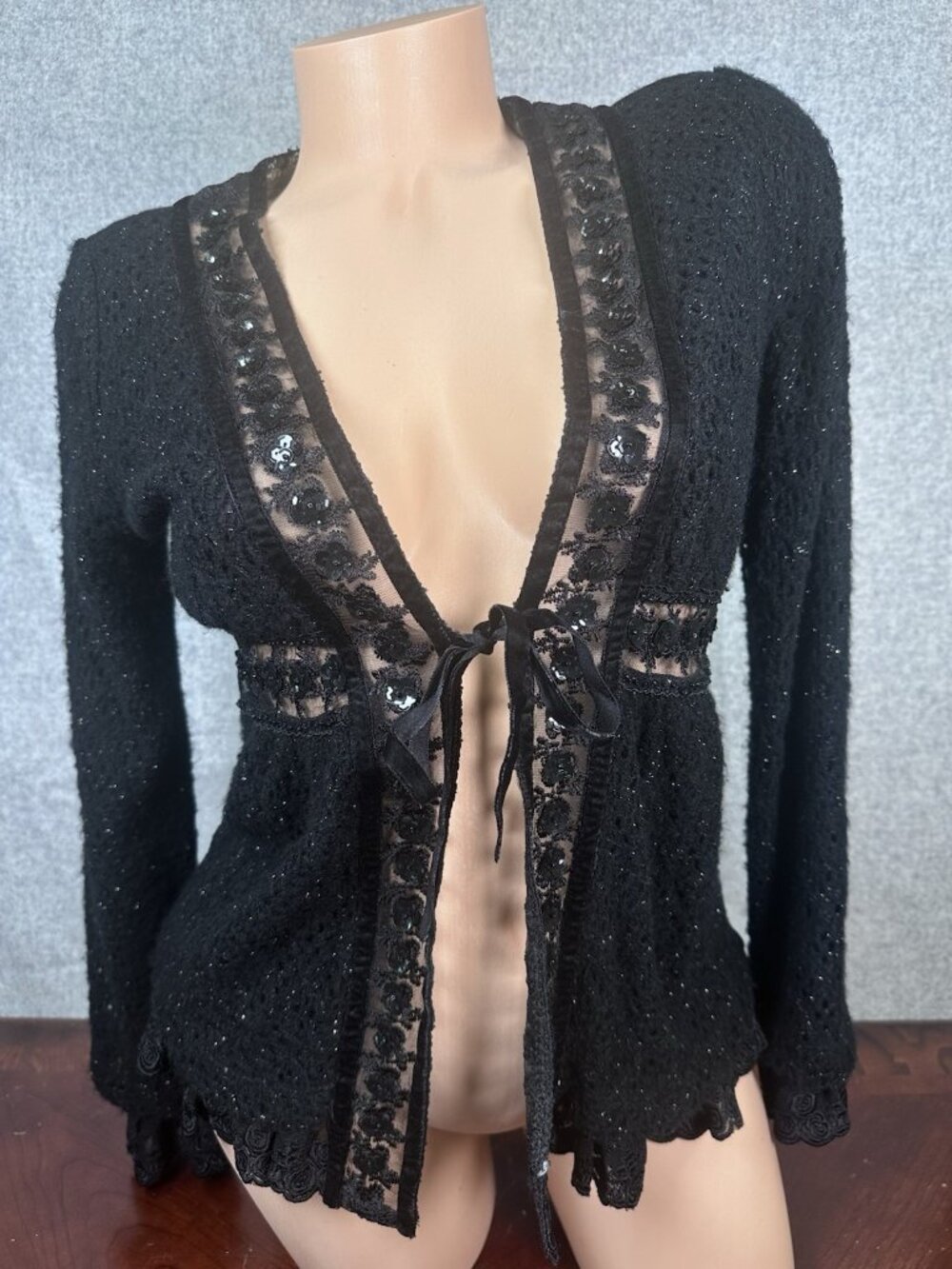 Hazel‎ Anthropologie Sweater Medium Black Sparkle Embroidered Open Cardigan